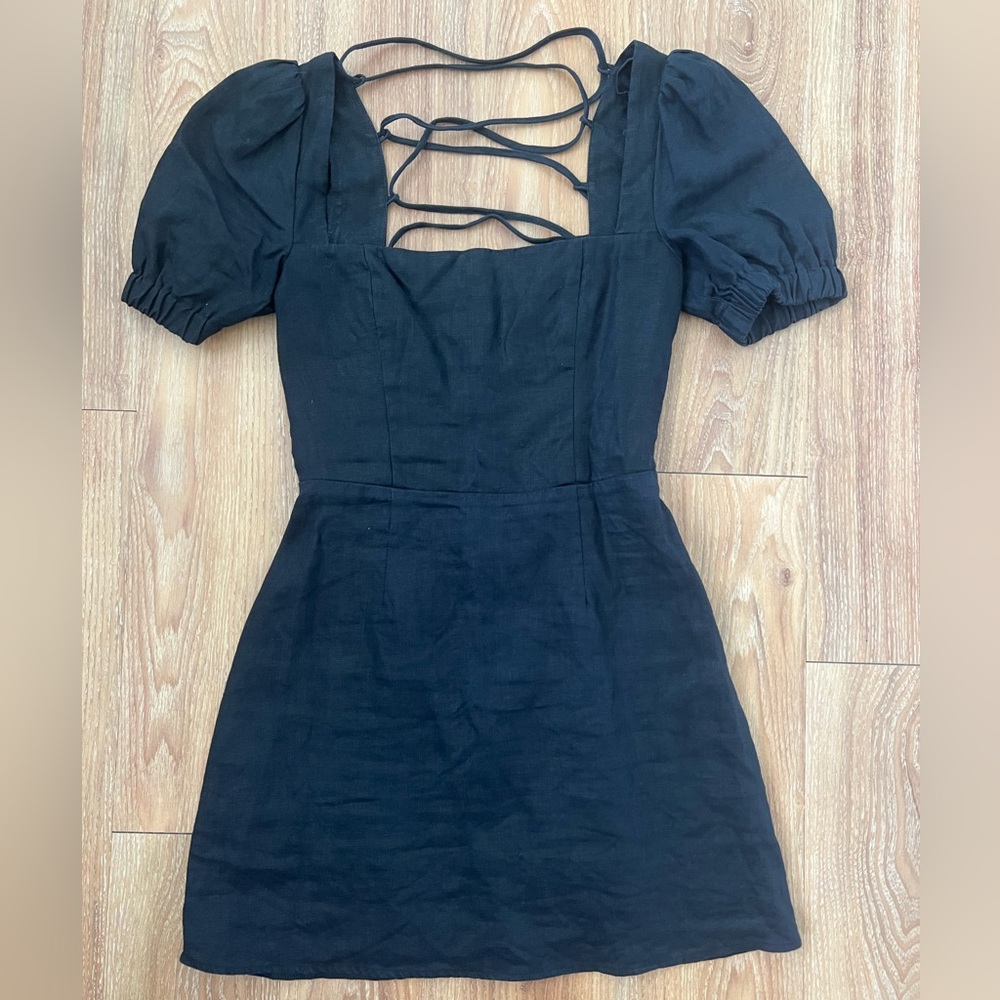 Reformation black tie back mini dress